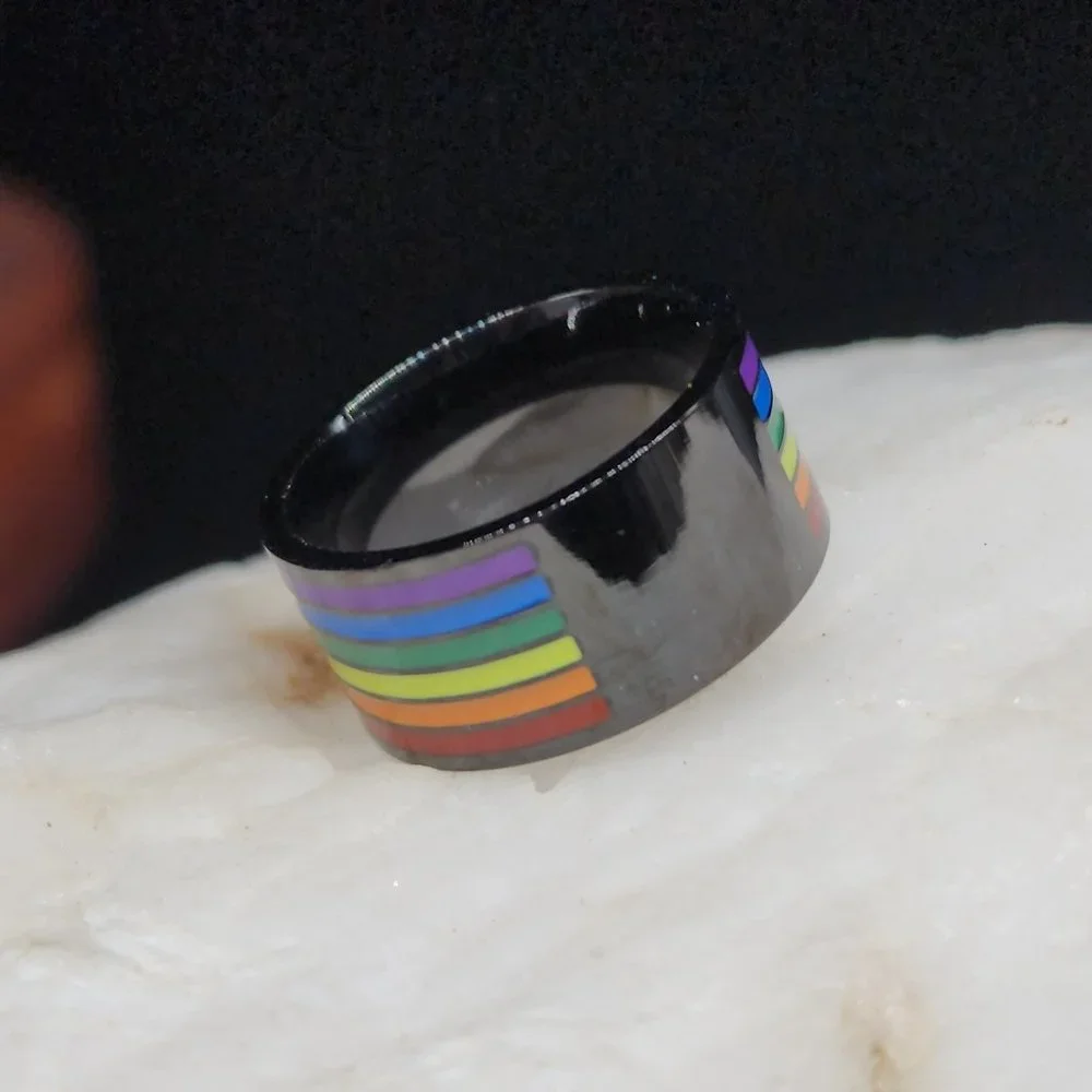 Black Rhodium Rainbow Hand Enameled Designer Ring Unisex Jewelry